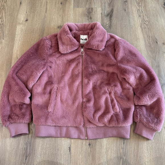 Miss Selfie Pink Faux Fur Bomber Jacket Mauve Pink Collared Size Large EUC - Picture 2 of 9